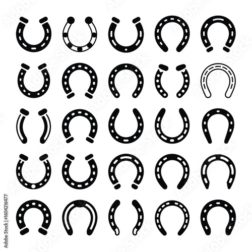 Collection of black horseshoe icons and symbols isolated on white background