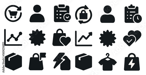 E-commerce and shopping solid icons set – filled, cart, retail business graphics