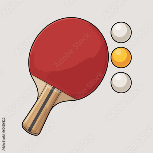 Red ping pong paddle and three balls on a light background