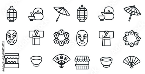 Japanese culture outline icons set – silhouette, traditional, themed symbols