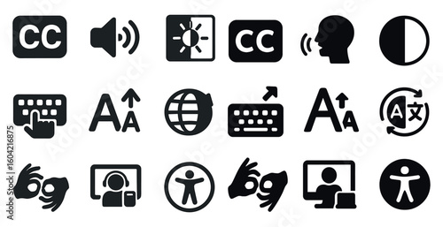Accessibility and communication icons set – solid, filled, assistive technology symbols