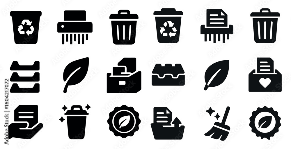 Recycling and waste management icons set – filled, solid, eco-friendly symbols Recycling and waste management icons set – filled, solid, eco-friendly symbols