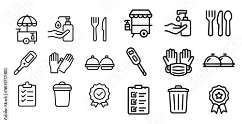 Food and hygiene outline icons set – linear, flat, catering and safety symbols