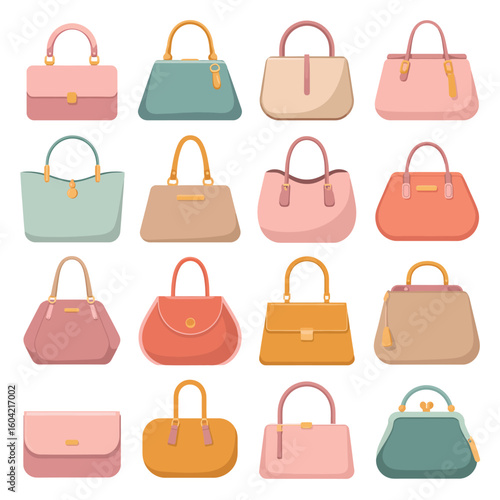 Collection of diverse stylish handbags in various colors and designs