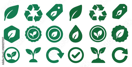 Eco-friendly solid icons set – green, silhouette, environment and sustainability symbols