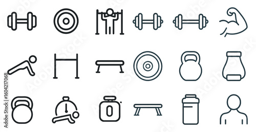 Fitness and exercise outline icons set – linear, gym, workout equipment symbols