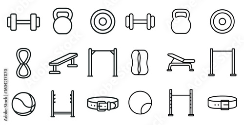 Fitness and gym outline icons set – line, silhouette, exercise and workout symbols