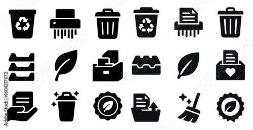 Recycling and waste management icons set – filled, solid, eco-friendly symbols
