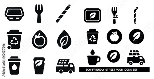 Eco-friendly street food solid icons set – filled, recycling and sustainability symbols