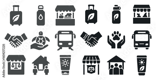 Travel and tourism solid icons set – filled, vacation and trip planning symbols