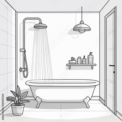 Hand drawn sketch of a modern bathroom with a clawfoot bathtub and shower