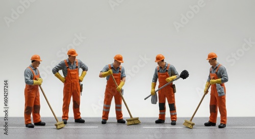 Five miniature construction workers in orange overalls and helmets with cleaning tools on a gray background