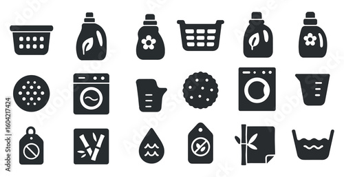 Laundry and housekeeping icons set – flat, outline, cleaning and care symbols
