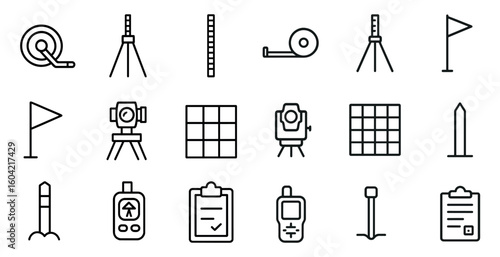 Survey equipment outline icons set – flat, linear, measurement and mapping tools