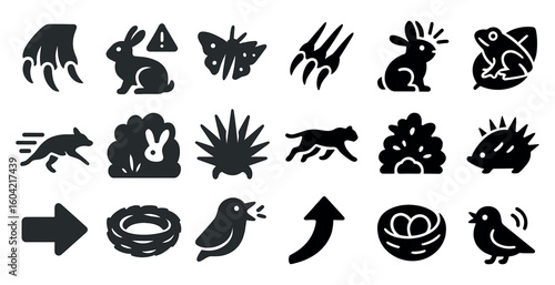 Nature and wildlife silhouette icons set – solid, filled, animal and outdoor symbols