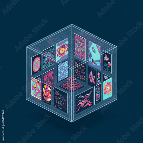 Abstract art transparent png displays colorful posters and cube shapes inside a wireframe box on a dark background with an isolated look