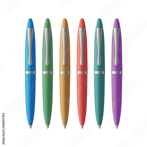A row of six colorful fountain pens lined up against a white background