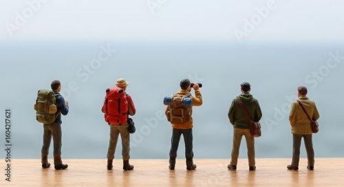 Five miniature hikers with backpacks stand on a wooden surface looking at a distant blue landscape