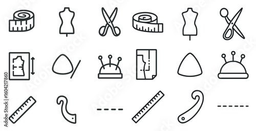 Sewing and tailoring line icons set – silhouette, outline, stitching and design tools