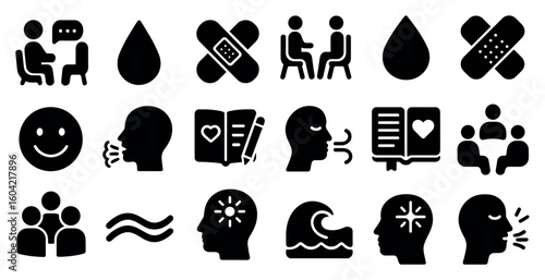 Communication and therapy silhouette icons set – mental health, counseling symbols