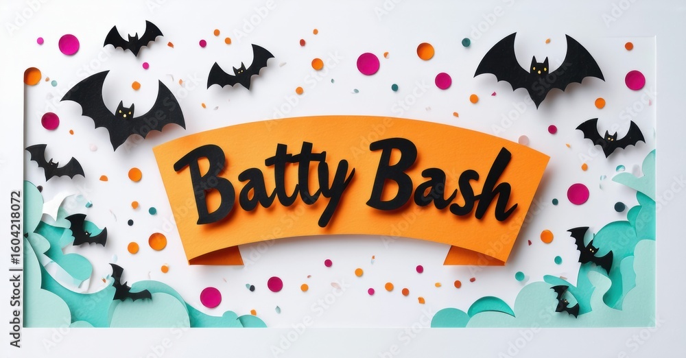 Naklejka premium Festive Halloween design features Batty Bash text, bats, confetti. Teal paper cutouts add depth, creating playful spooky vibe.
