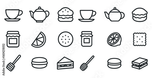 Tea and pastry outline icons set – line, linear, afternoon tea symbols