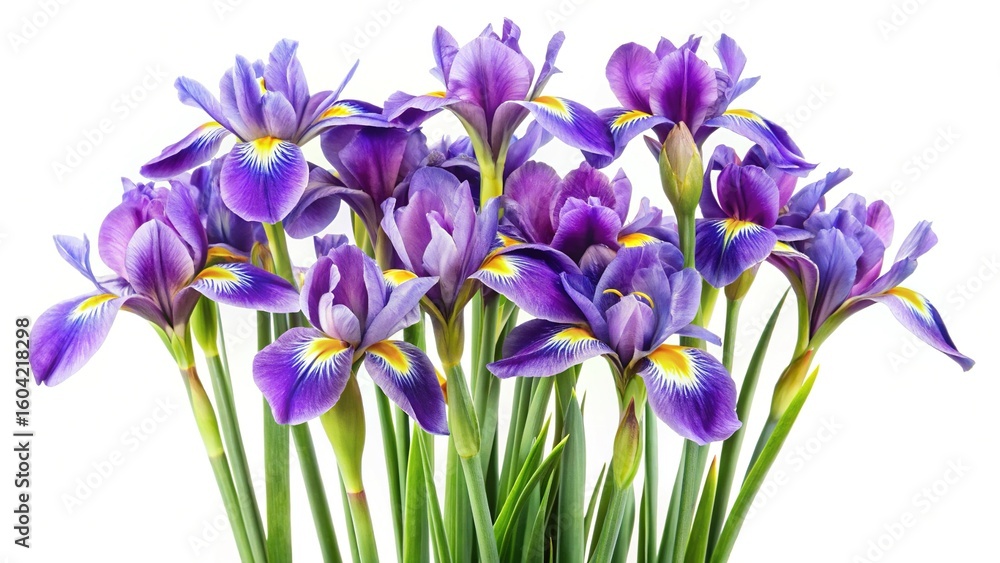 Beautiful bouquet of purple irises on a pure white isolated background Beautiful bouquet of purple irises on a pure white isolated background