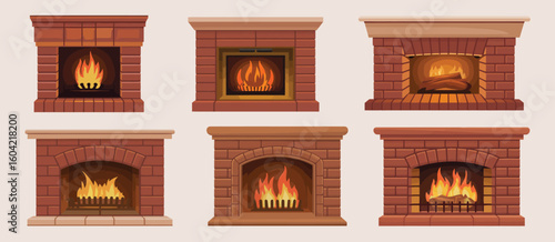 Collection of six different brick fireplaces with glowing flames