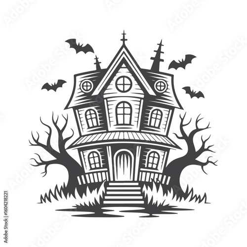 Spooky haunted mansion with flying bats and bare trees haunted house gothic