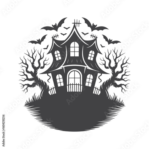 Spooky haunted house with bats and bare trees halloween creepy