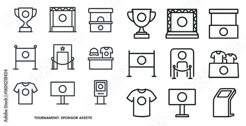 Tournament sponsor assets outline icons set – linear, event, competition symbols