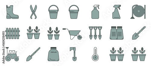 Collection of garden tools and supplies for planting and cultivation