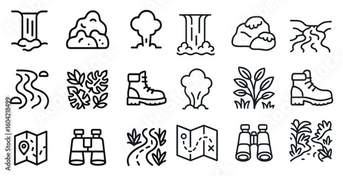 Nature and outdoor outline icons set – line, linear, hiking and exploration symbols