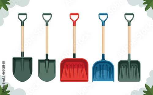 Collection of five colorful garden shovels and spades for outdoor work