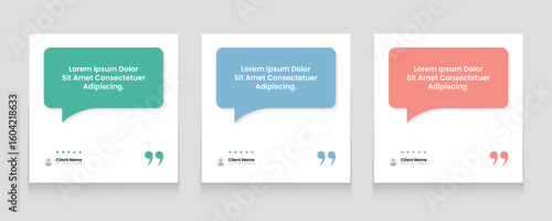 Quote frames blank templates set. Set of speech bubble quotes template. Textbox isolated on a color background. Clients' testimonials text in brackets, citation empty quote bubbles.