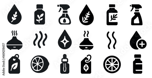 Aromatherapy and wellness icons set – solid, filled, essential oils symbols