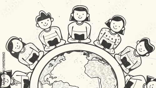 Illustration of children sitting around the world holding books in a circle sharing knowledge together silhouette