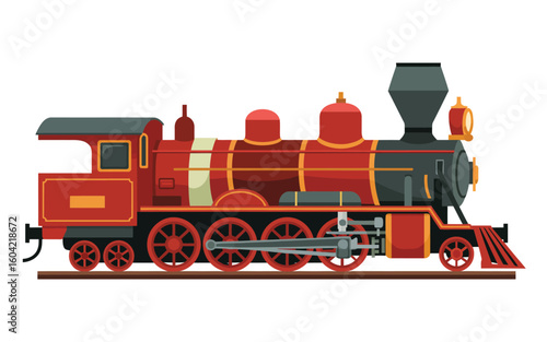 Vintage red steam locomotive on white background