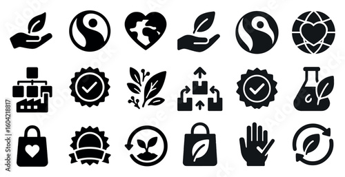 Sustainability and eco solid icons set – filled, environment, green symbols