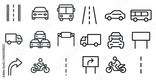 Transportation and road signs linear icons set – outline, traffic, travel symbols