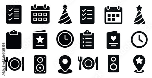 Event planning solid icons set – silhouette, filled, calendar and checklist symbols