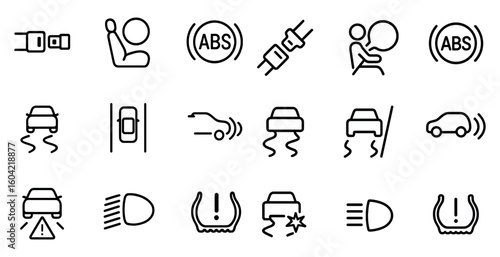 Car safety and security linear icons set – outline, vehicle protection symbols