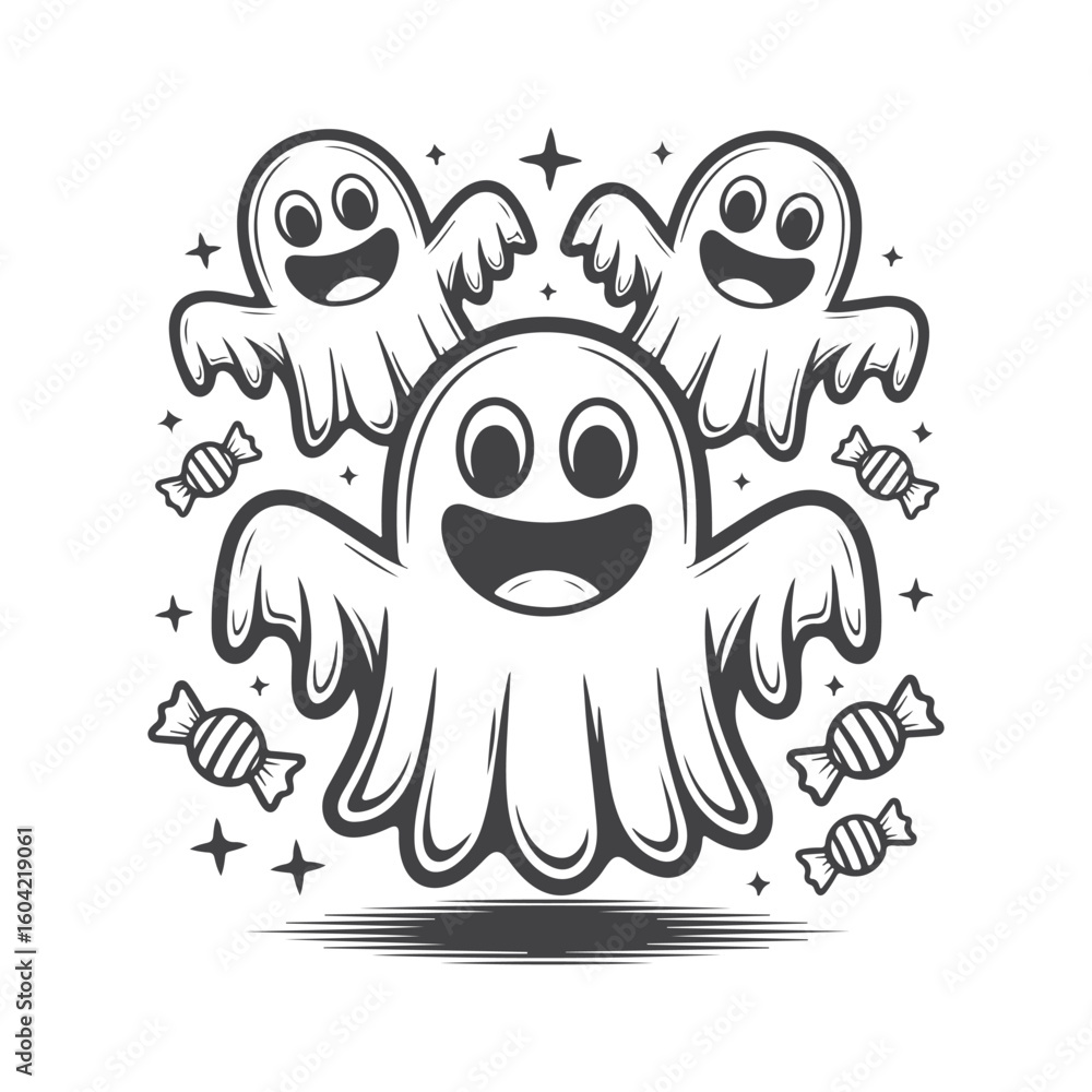 Obraz premium Three happy ghosts with candies and stars halloween spooky