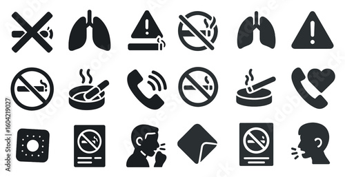 No smoking solid icons set – filled, prohibition and health warning symbols