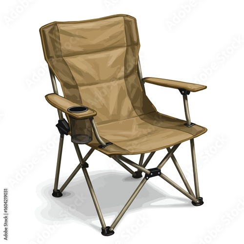 Illustrated Folding Camp Chair with Cup Holder on White Background.