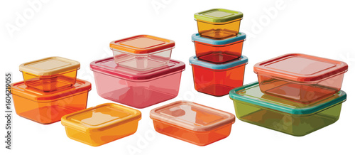 Assortment of colorful plastic food storage containers with lids