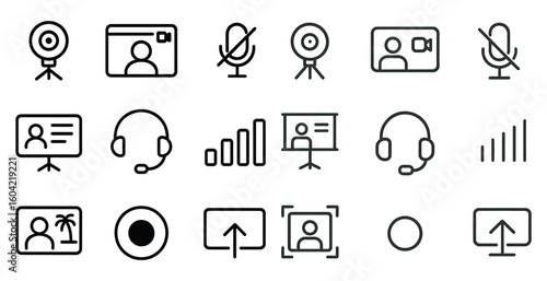 Video communication outline icons set – linear, virtual meeting and chat symbols