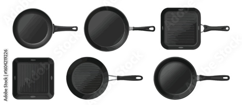 Collection of six black griddle pans and grill pans on a white background