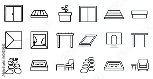 Home furniture outline icons set – linear, interior, decor and furnishing symbols