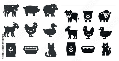 Farm animals silhouette icons set – solid, filled, livestock and farmyard symbols